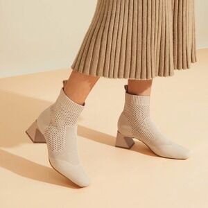 VIVAIA Knit Sock‎ Boots, Square Heel Ankle Booties Neutral Beige, EU/36 US/5.5-6